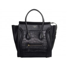 Celine Luggage Medium Tote aus schwarzem Kalbsleder mit Krokodilleder