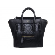 Celine Luggage Mini Tote aus schwarzem Kalbsleder mit schwarzem Schlangenleder