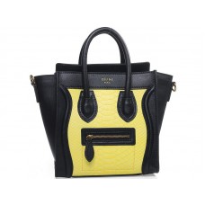 Celine Luggage Mini Tote aus schwarzem Kalbsleder mit gelbem Schlangenleder