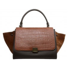 Celine Trapeze Schultertasche, mehrfarbiges Krokodilleder, Dunkelbraun/Khaki/Wildlederbraun