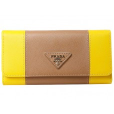 Prada Saffiano Leder Dreifach-Geldbörse Gelb mit Khaki