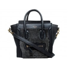 Celine Luggage Mini Tote aus schwarzem Kalbsleder/schwarzer Wolle