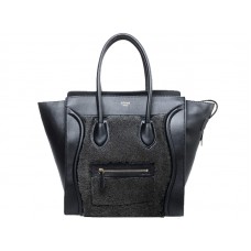 Celine Luggage Medium Tote aus schwarzem Kalbsleder und schwarzer Wolle