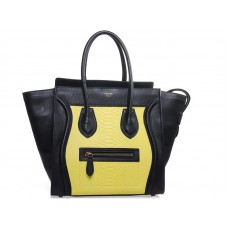 Celine Luggage Medium Tote aus schwarzem Kalbsleder mit gelbem Schlangenleder