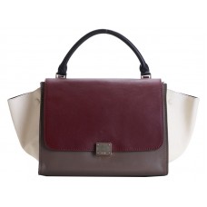 Celine Trapeze Schultertasche, mehrfarbiges Kalbsleder, Weinrot/Khaki/Creme