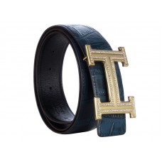 Hermès Gürtel aus Krokodilleder mit goldener H-Schnalle und Diamanten, dunkelblau