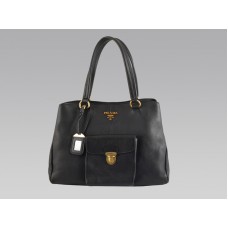 Prada Kuhleder-Tragetasche, mittelgroß, mit Vordertasche, Schwarz