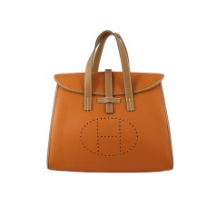 Hermès 08c Klappentasche, orange mit braunem Lederbesatz