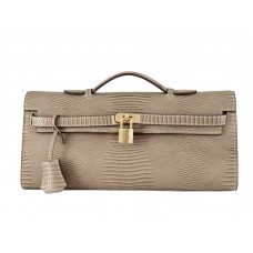 Hermes Kelly Pochette Longue aus grauem Eidechsenleder