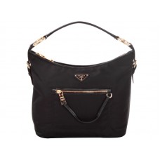 Prada Hobo-Tasche aus Tessuto Nylon mit Lederbesatz, Schwarz