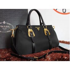 Prada Tessuto Nylon-Henkeltasche aus weichem Kalbsleder, Schwarz