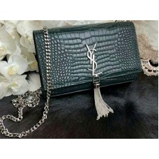 Saint Laurent Kate Medium mit Quaste, glänzendes Krokodilleder, Grün