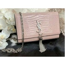 Saint Laurent Kate Medium mit Quaste, glänzendes Krokodilleder, hellrosa