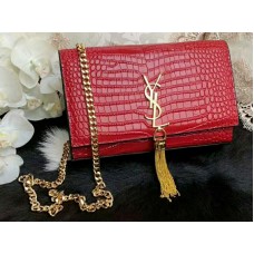 Saint Laurent Kate Medium mit Quaste, glänzendes Krokodilleder, Rot