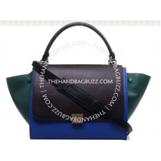 Celine Trapeze Schultertasche, mehrfarbiges Kalbsleder, braun/blau/grün