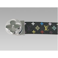 Louis Vuitton Gürtel, schwarz-mehrfarbig, mit runder silberner Blumenschnalle