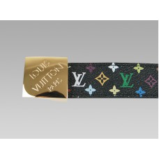 Schwarzer, mehrfarbiger Gürtel mit goldener Schnalle und schrägem Louis Vuitton-Logo