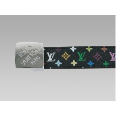 Schwarzer, mehrfarbiger Gürtel mit silberner Schnalle und schrägem Louis Vuitton-Logo